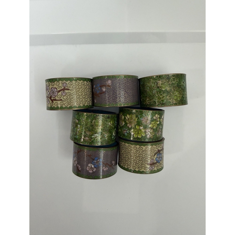 Vintage Cloisonné Enamel Bronze Napkin Rings Set Of 7